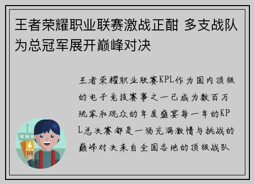 王者荣耀职业联赛激战正酣 多支战队为总冠军展开巅峰对决